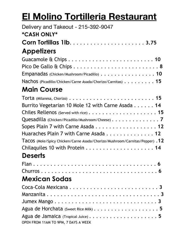 Menu at El Molino Tortilleria & Restaurant, Philadelphia
