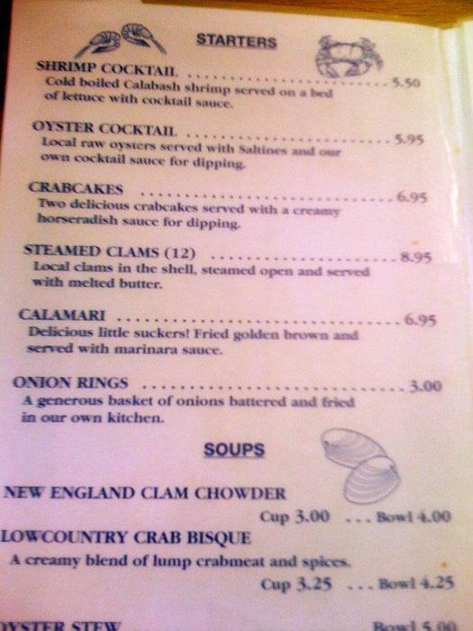 Menu at Ella's of Calabash restaurant, Calabash