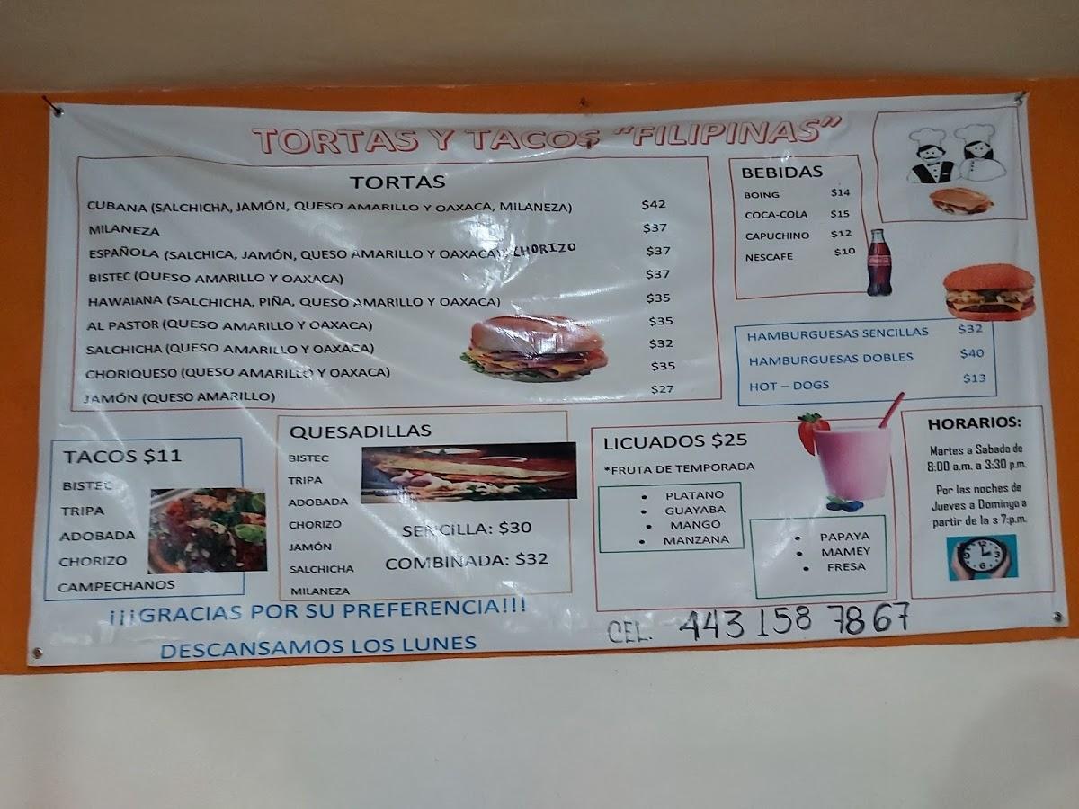 Menu at Jugos Y Tortas Filpinas restaurant, Morelia