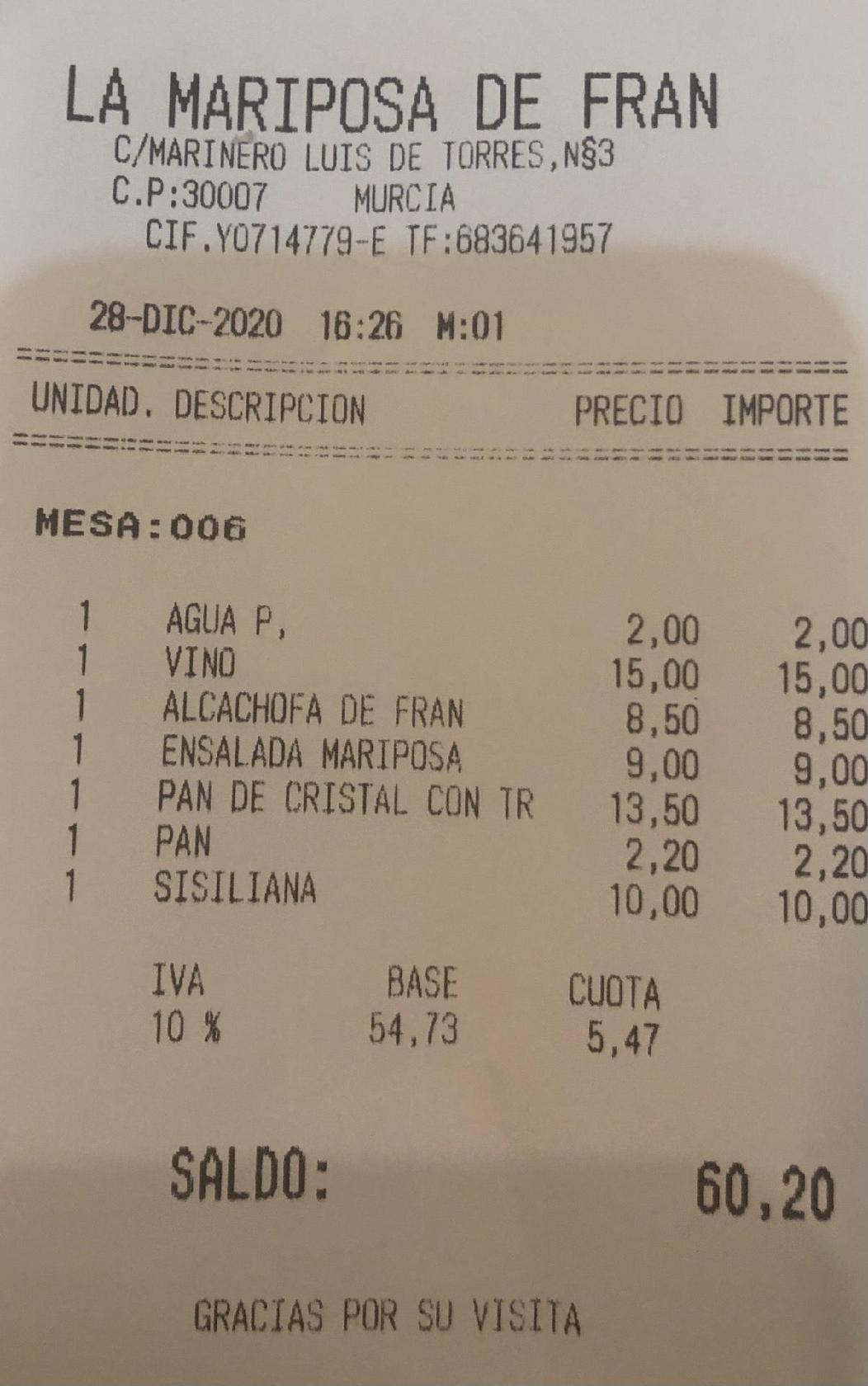 Carta de Restaurante La Mariposa de Fran, Murcia
