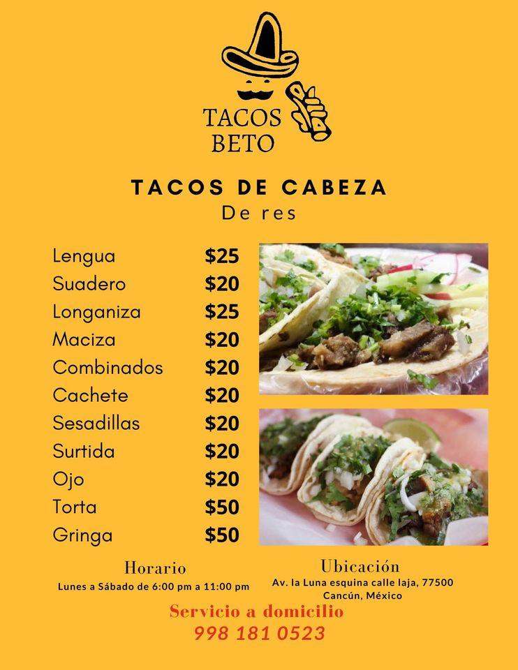 Carta del restaurante Tacos De Cabeza Don Beto, Cancún