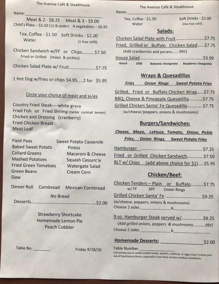 Menu At The Avenue Home Cooking Café Steakhouse, Cedartown