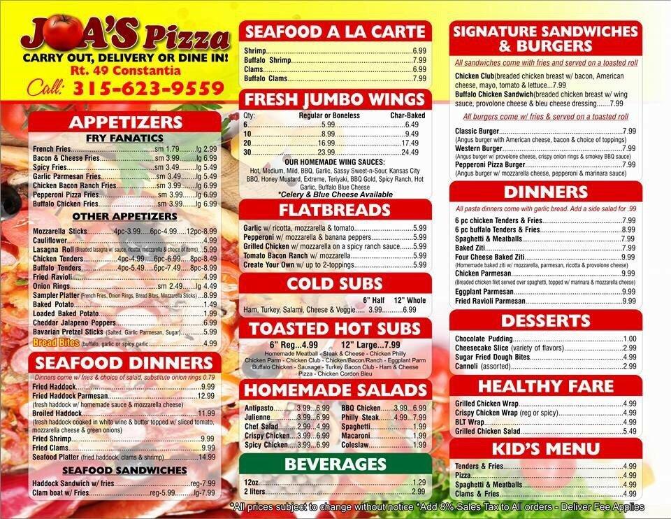 Menu at Joa's Pizza pizzeria, Constantia