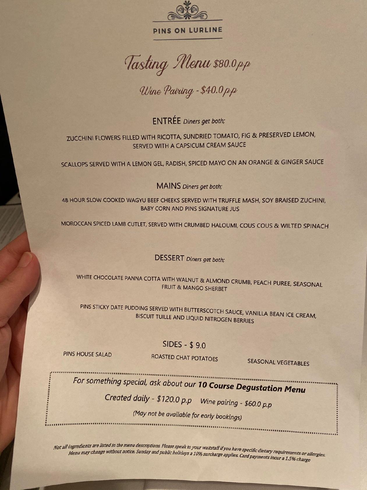 Menu at Pins On Lurline restaurant, Katoomba, 132 Lurline St