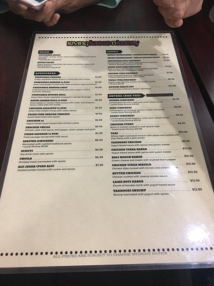 Menu at Irving Kabab N Kurry restaurant, Irving