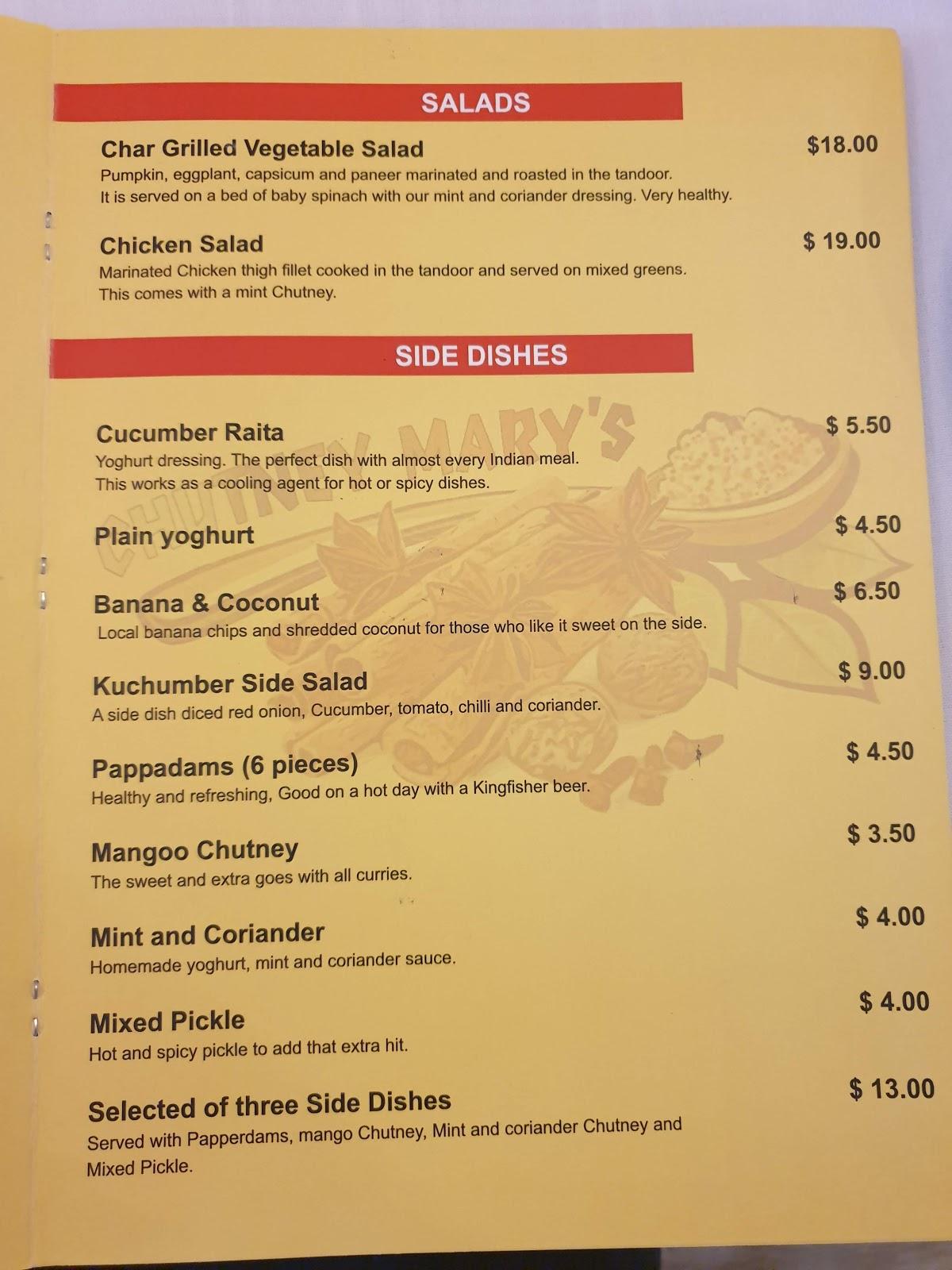Menu at Chutney Mary's restaurant, Carrara