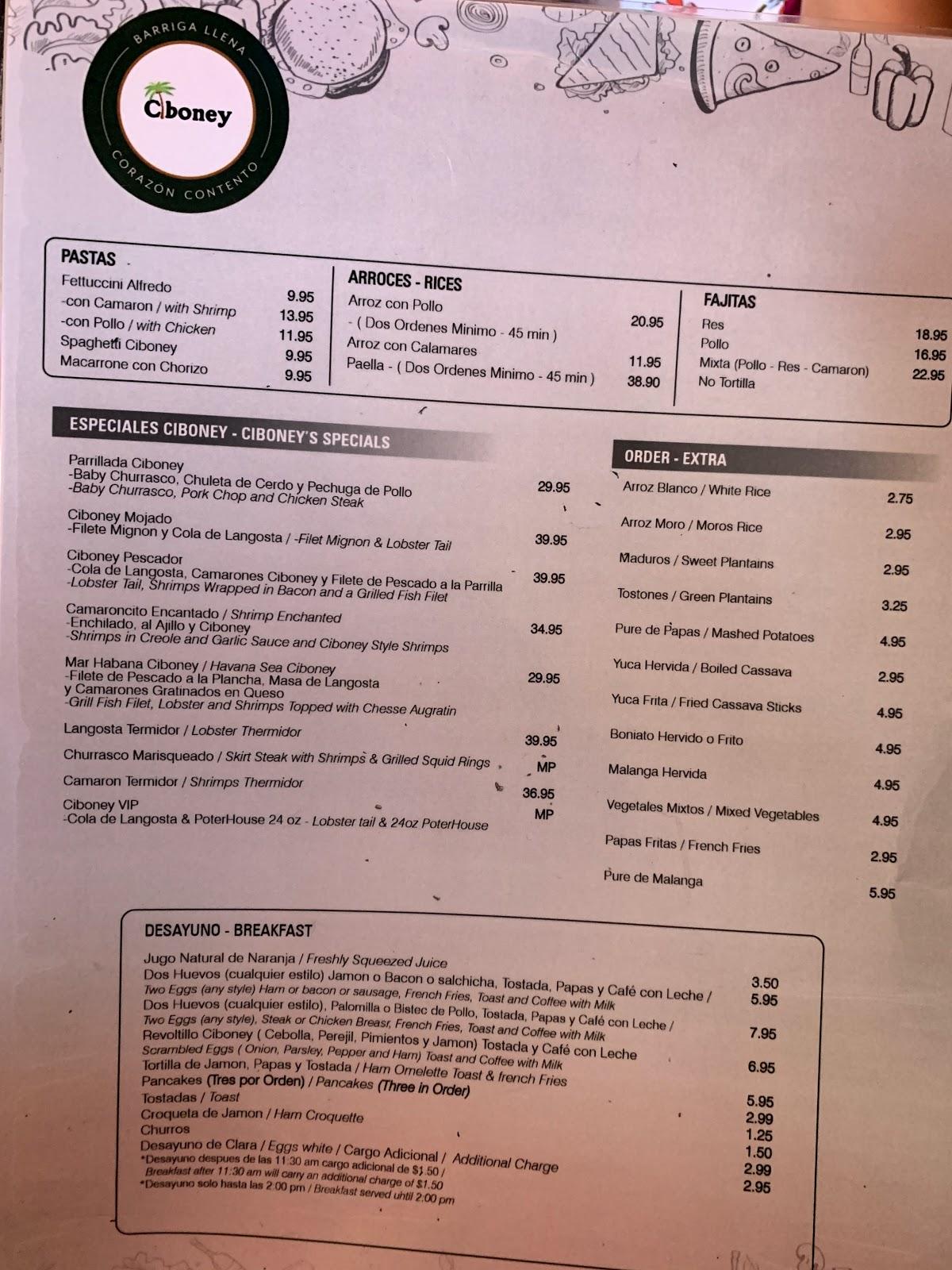 Menu at Ciboney Restaurant, Miami Lakes, NW 67th Ave