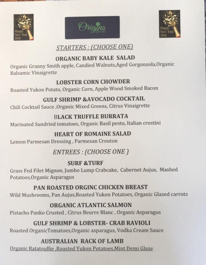 Menu at Origins Bistro restaurant, Point Pleasant