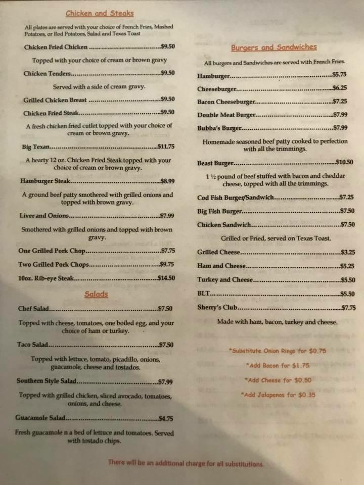 Menu at Sherry's Texan Seafood Restaurant, San Antonio, Pleasanton Rd