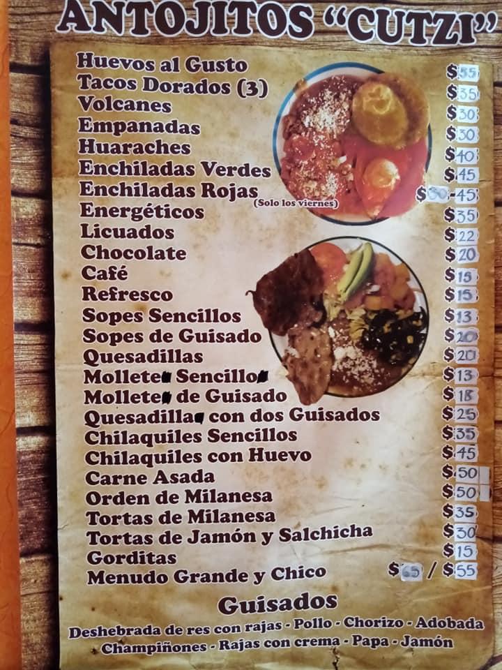 Menu at Antojitos Cuitzi restaurant, Morelia