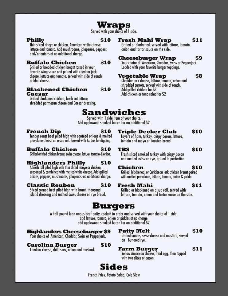 Menu at Highlanders Grill And Tavern pub & bar, Banner Elk