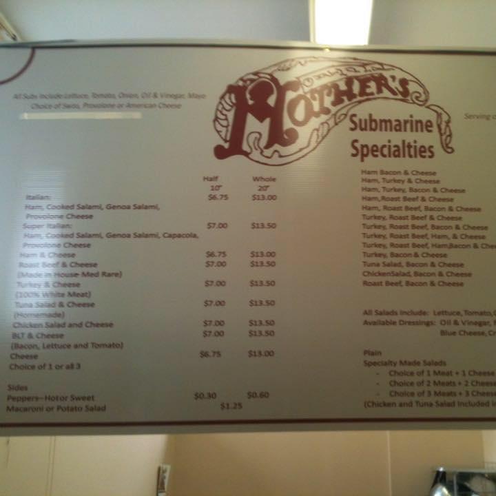 Menu at Mothers Subs restaurant, Highspire, 835 S Eisenhower Blvd