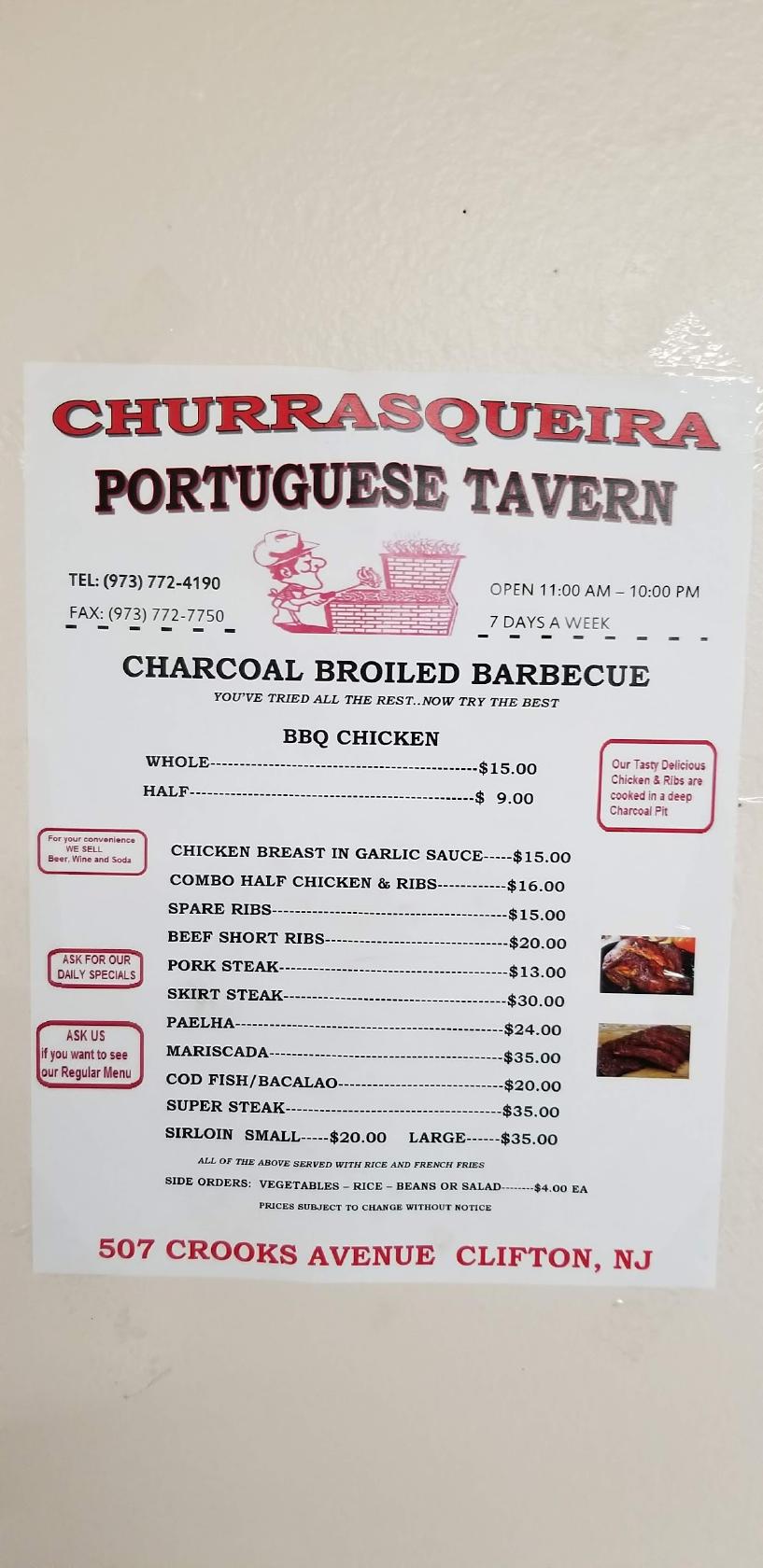 Menu at Portuguese Tavern restaurant, Clifton