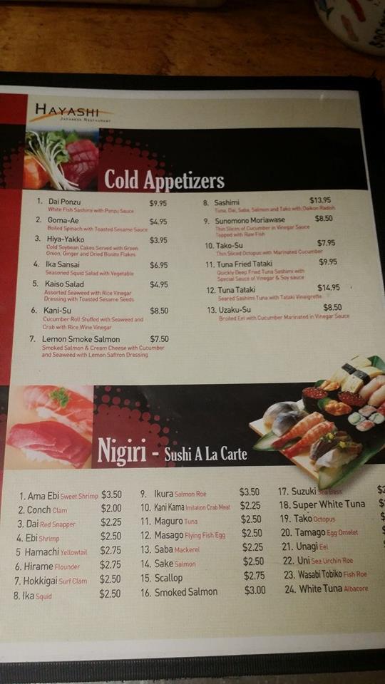 Menu at Hayashi Japanese Restaurant, Gurnee