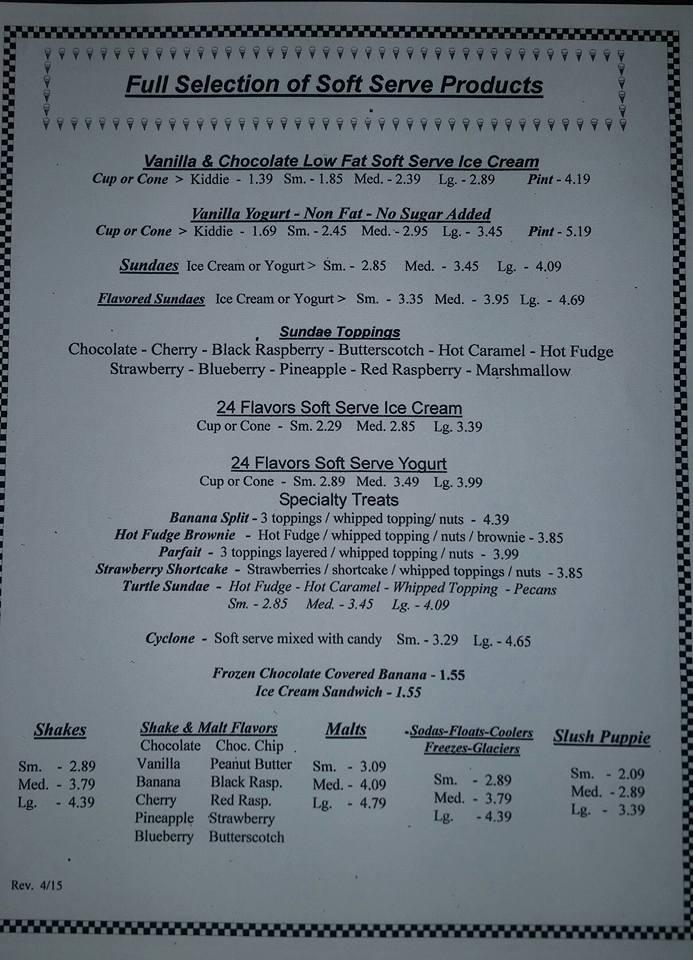 Menu at Fillmore's Dairy Hut restaurant, Florence