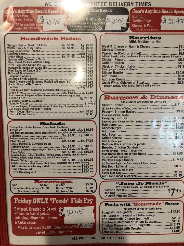 Menu at Jaco's Pizzeria, Niagara Falls