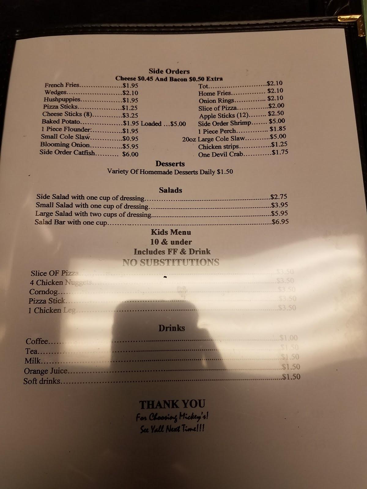 Menu at Mickey's restaurant, Pageland, 114 N Maple St