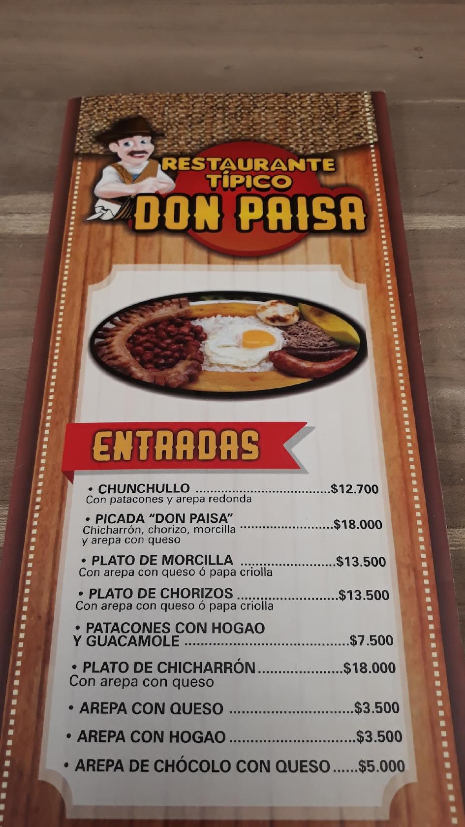 Carta De Restaurante Don Paisa Cota 0381