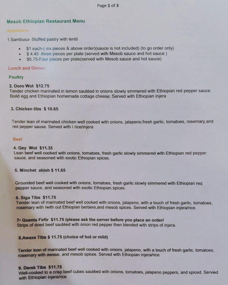 Carta de Mesob Ethiopian Restaurant, Minneapolis