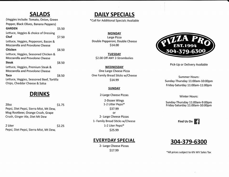 Menu at Pizza Pro pizzeria, Bruceton Mills, 207 St