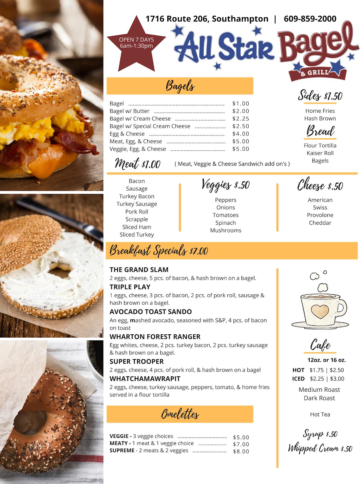 Menu at All Star Bagels restaurant, Southampton Township, US206