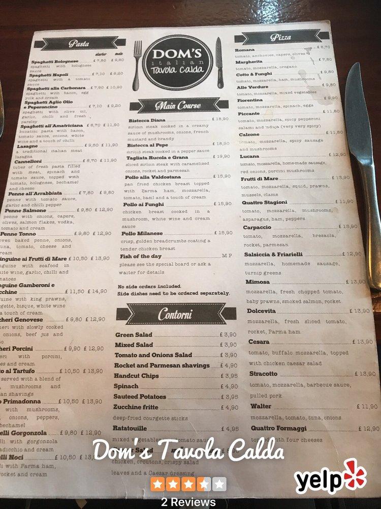 Menu at Dom's Tavola Calda pub & bar, Manchester