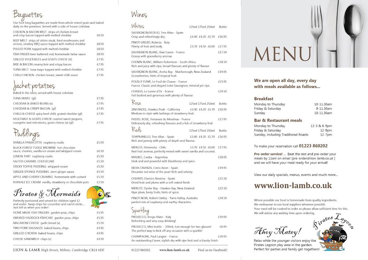 Menu at Lion and Lamb pub & bar, Milton, High St