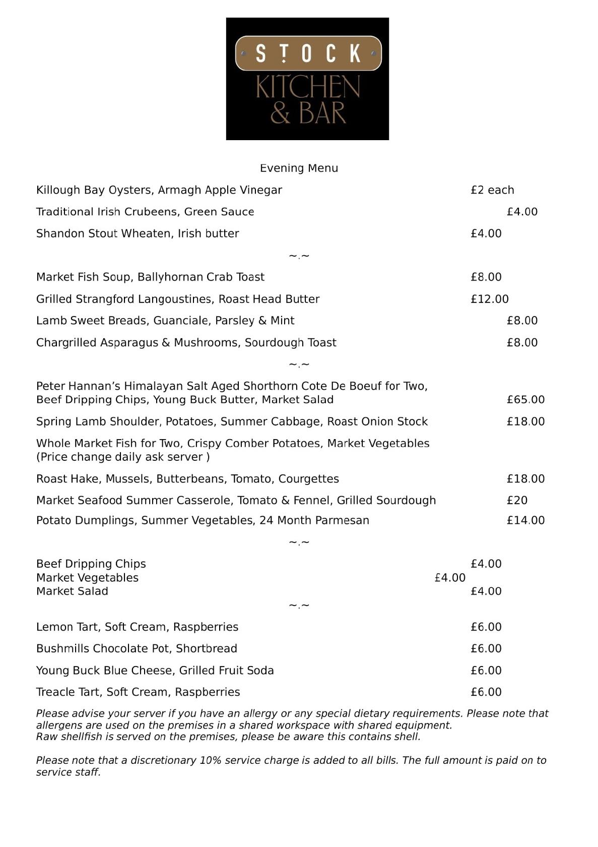 Menu at Stock Kitchen & Bar, Belfast