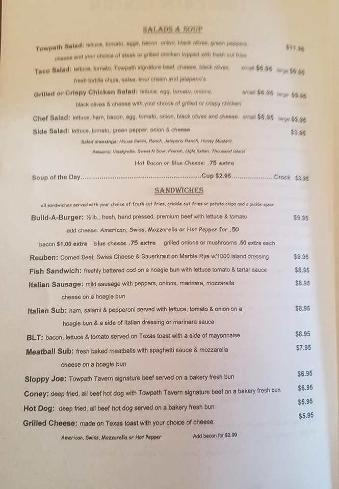 Menu at Towpath Tavern pub & bar, Bolivar, 225 Canal St