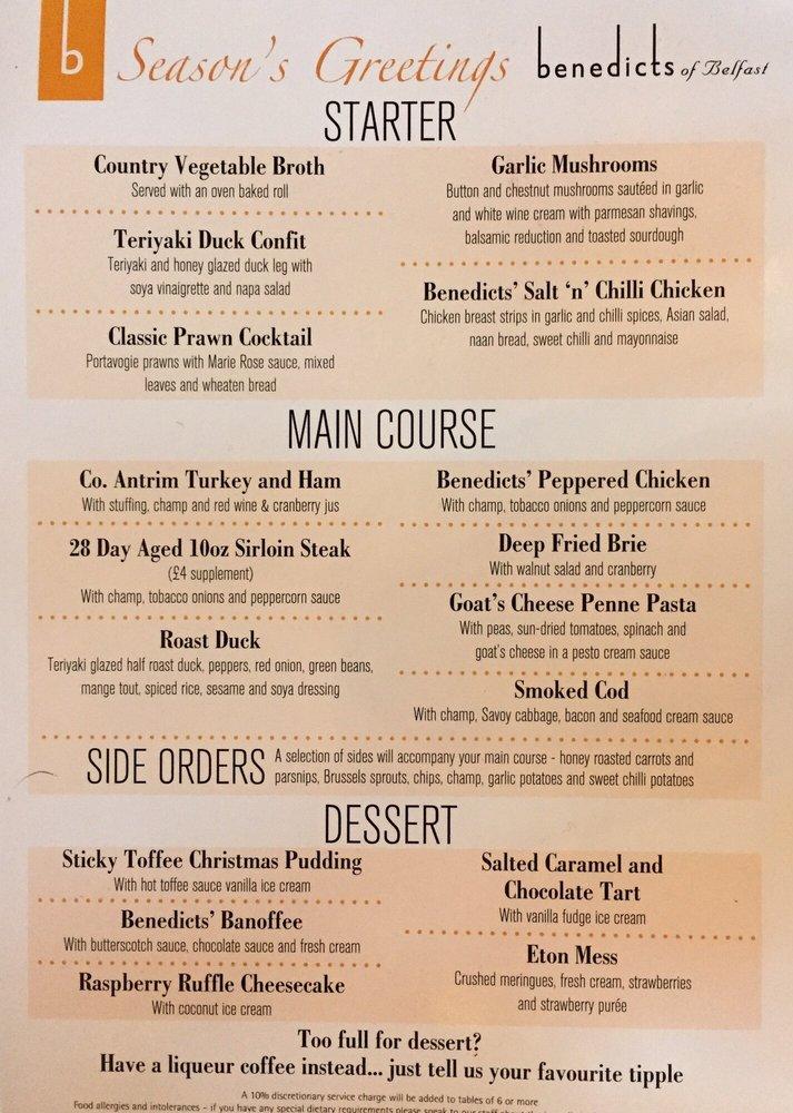 Menu at Benedicts Hotel Belfast pub & bar, Belfast