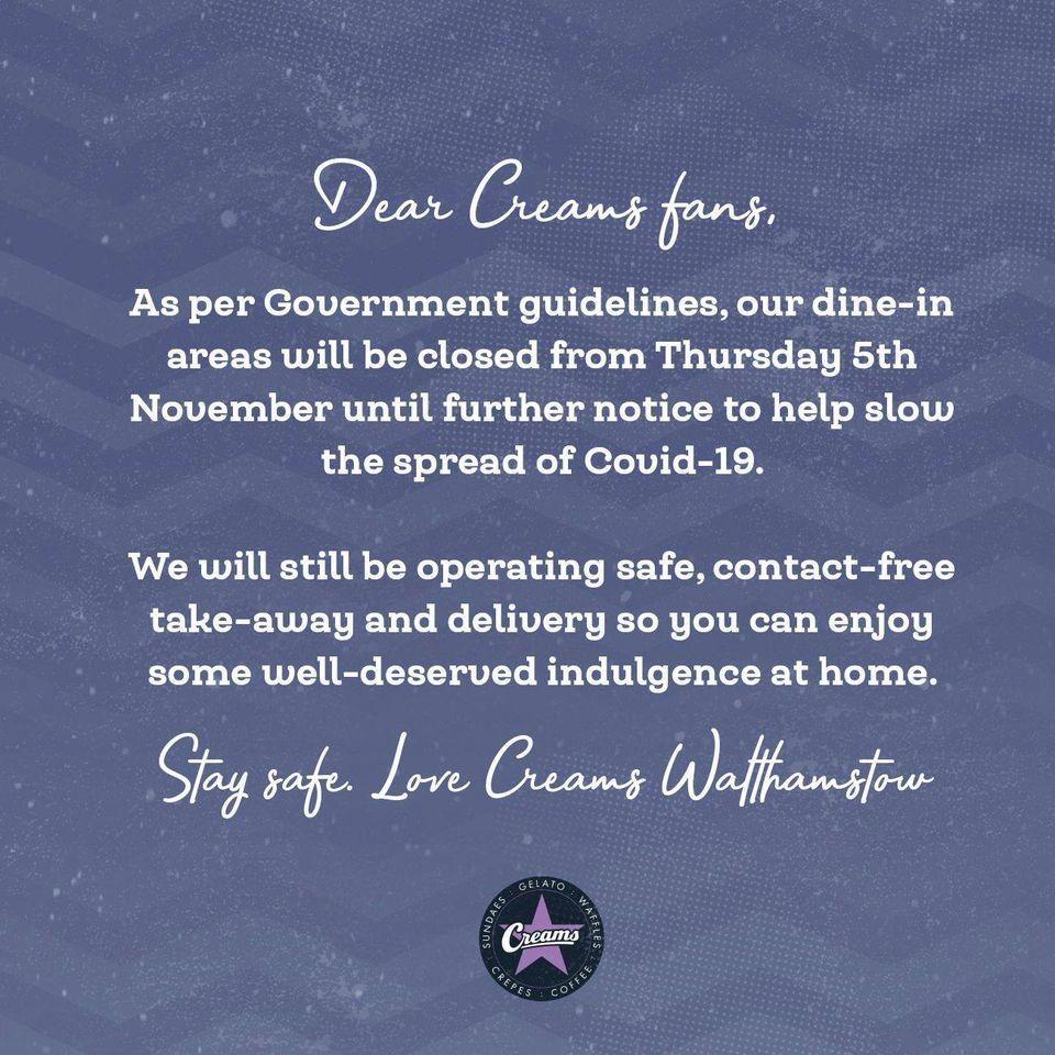 Menu at Creams Cafe Walthamstow, London, Churchill Business Centre