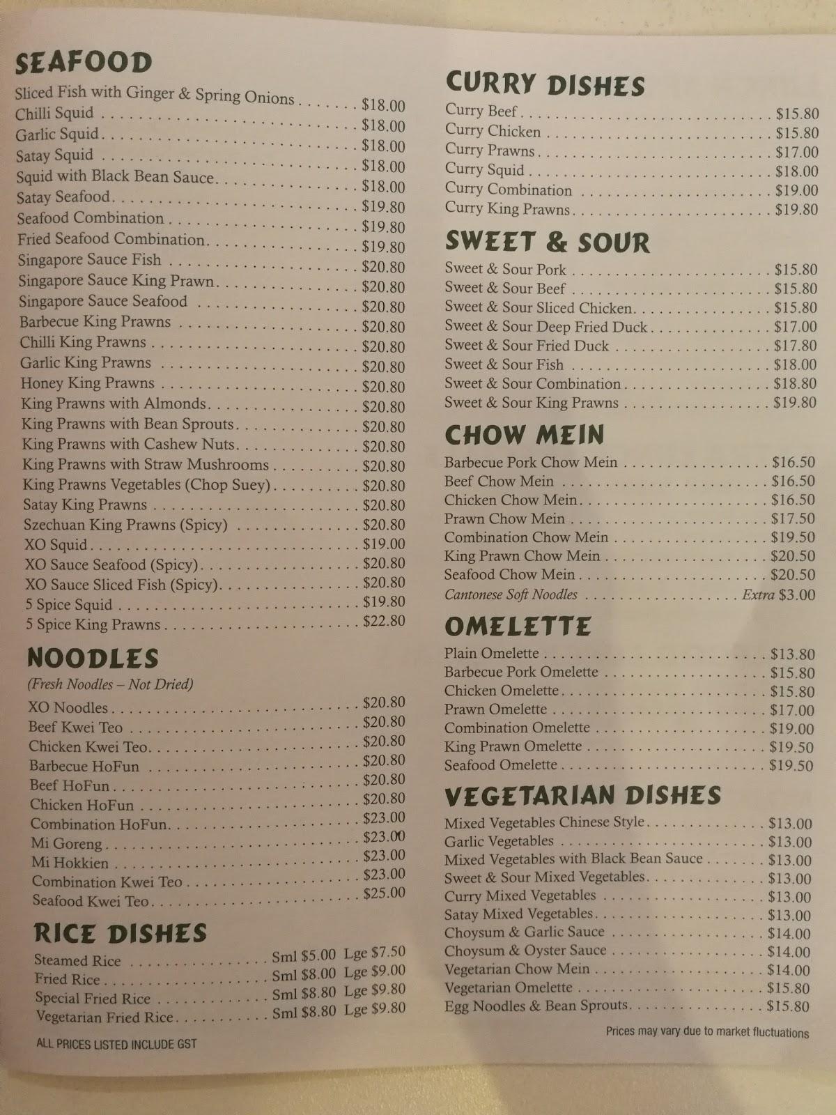 Menu at Dynasty Chinese Restaurant, Busselton