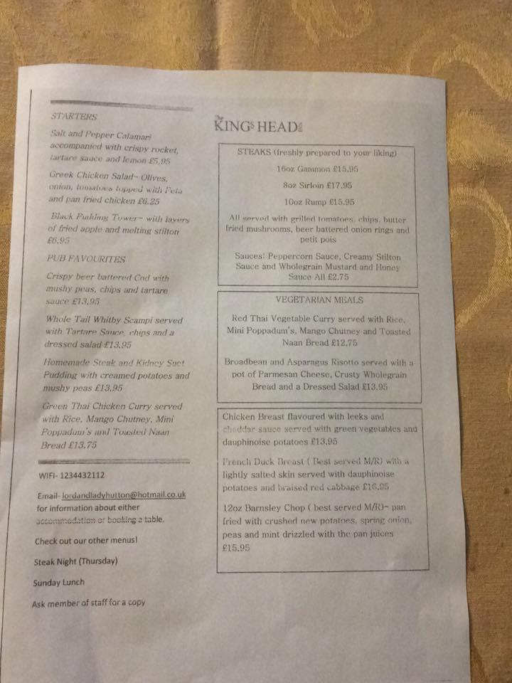 Menu at The King's Head pub & bar, Mablethorpe and Sutton, Mill Rd