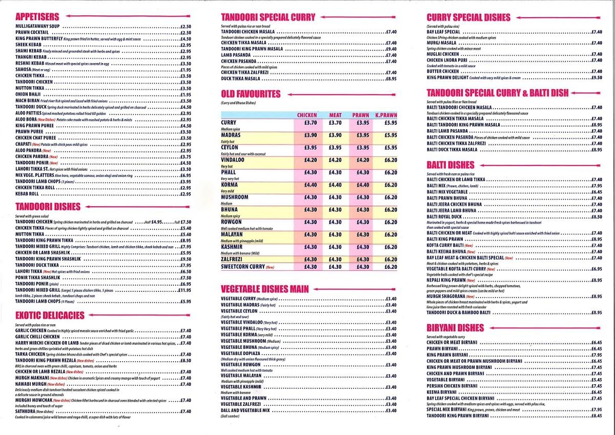 Menu at Bayleaf fast food, Romford, 616 Longbridge Rd