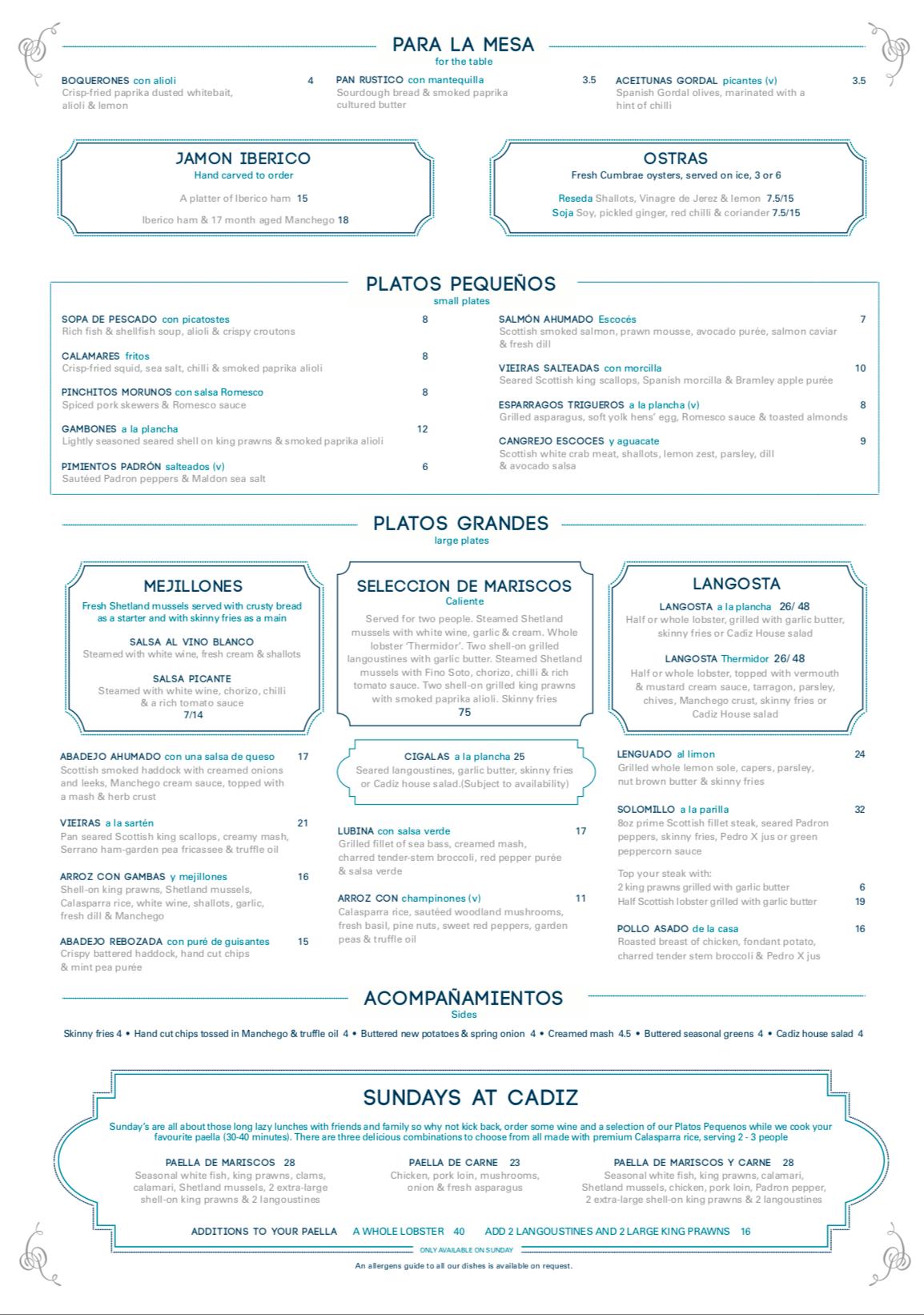 Menu at Cadiz pub & bar, Edinburgh