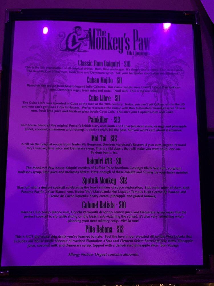Carta del pub y bar The Monkey's Paw Tiki Lounge, Macon