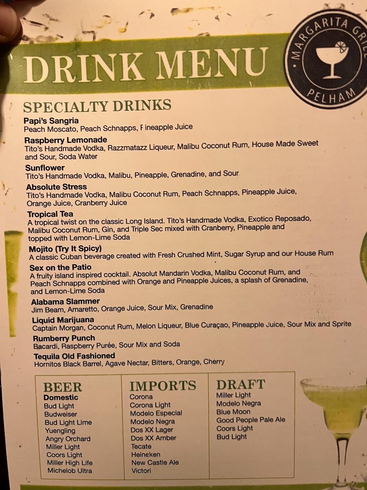 Menu at Margarita Grill pub & bar, Pelham