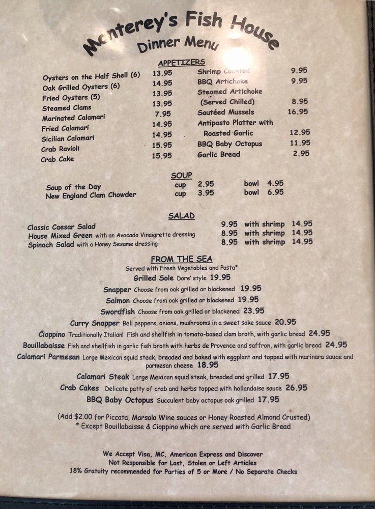 Menu at Monterey's Fish House restaurant, Monterey