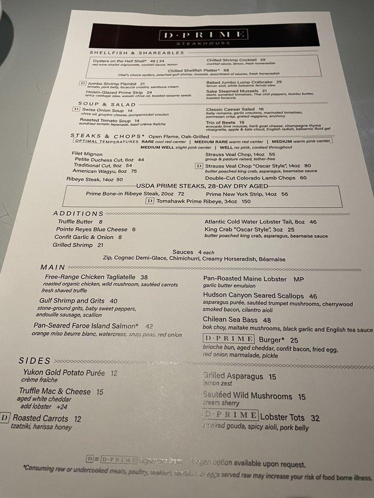 Menu at D.PRIME Steakhouse, Detroit