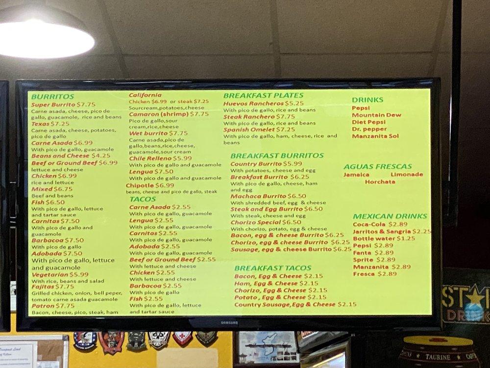 Menu at Los Burritos restaurant, Killeen