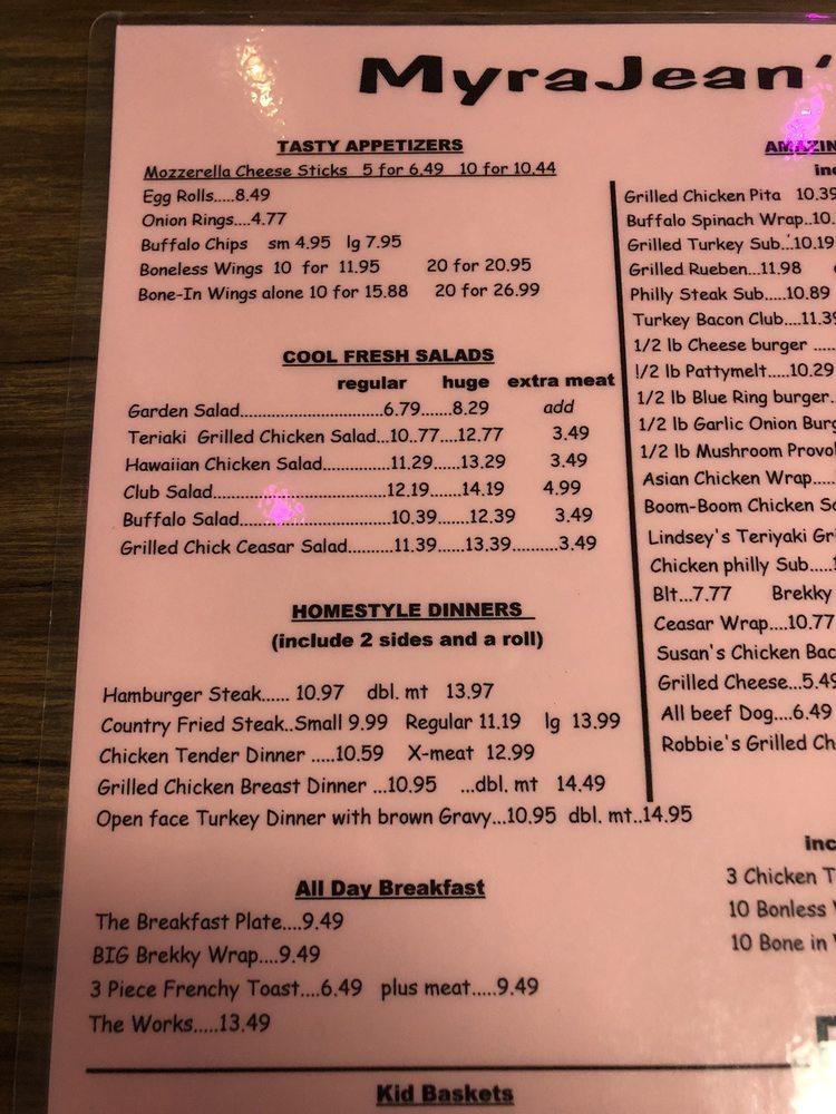 Menu at Myra Jean's restaurant, Crawfordville