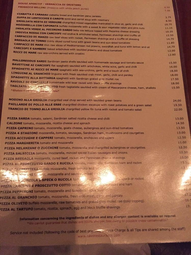 Menu at Oliveto restaurant, London