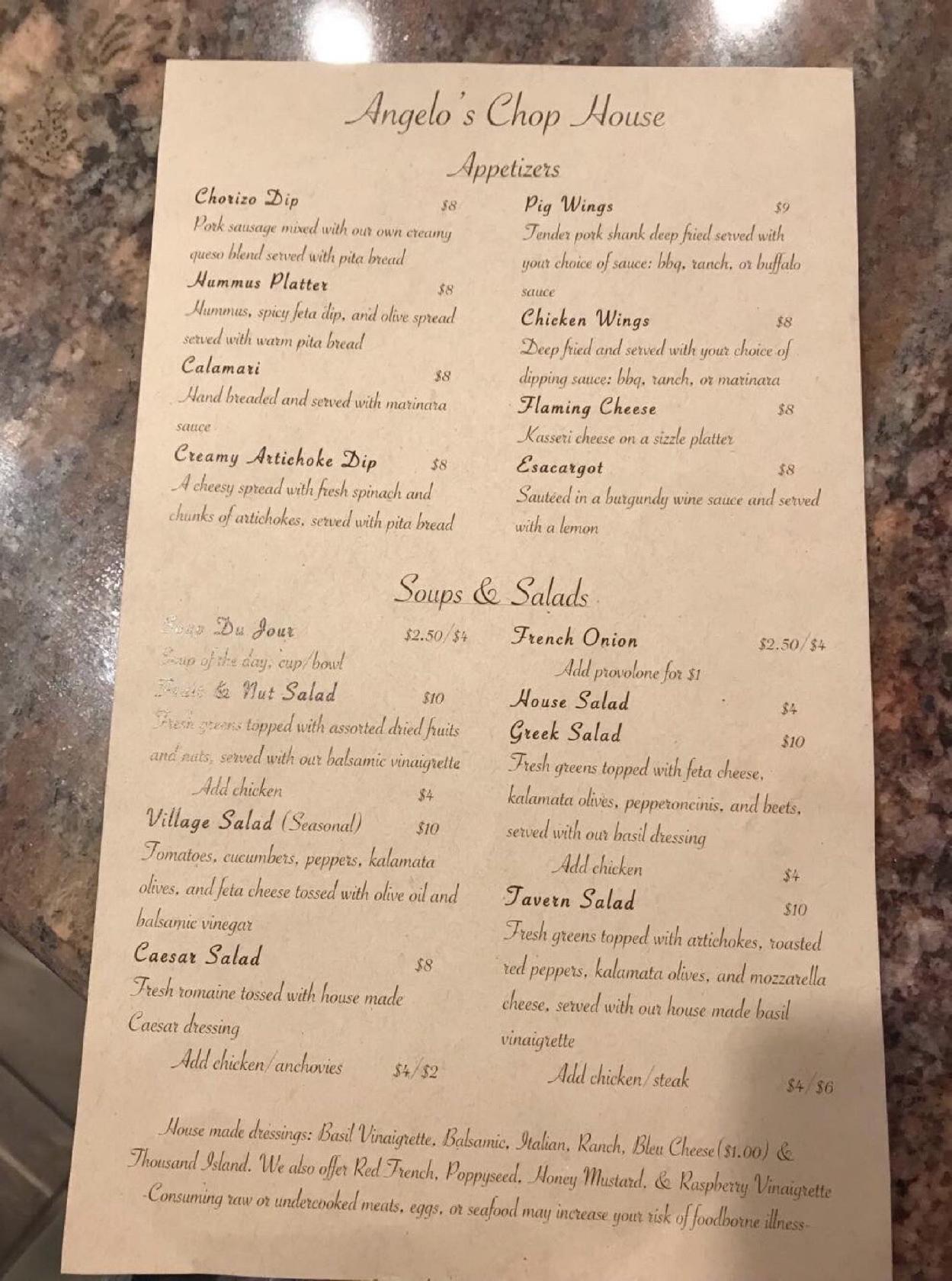 Menu at Angelo's Chop House steakhouse, Monroe