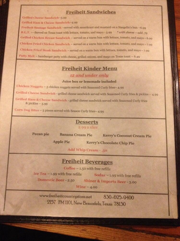 Menu at Freiheit Country Store restaurant, New Braunfels