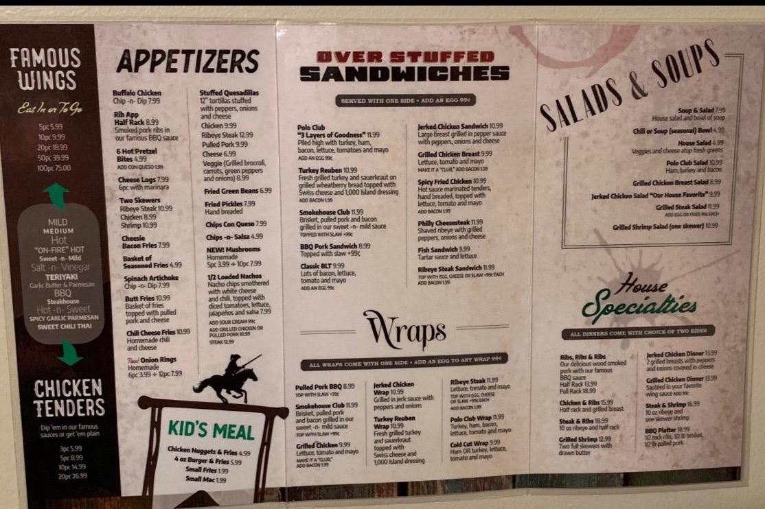 Menu at West Virginia Polo Club, Parkersburg