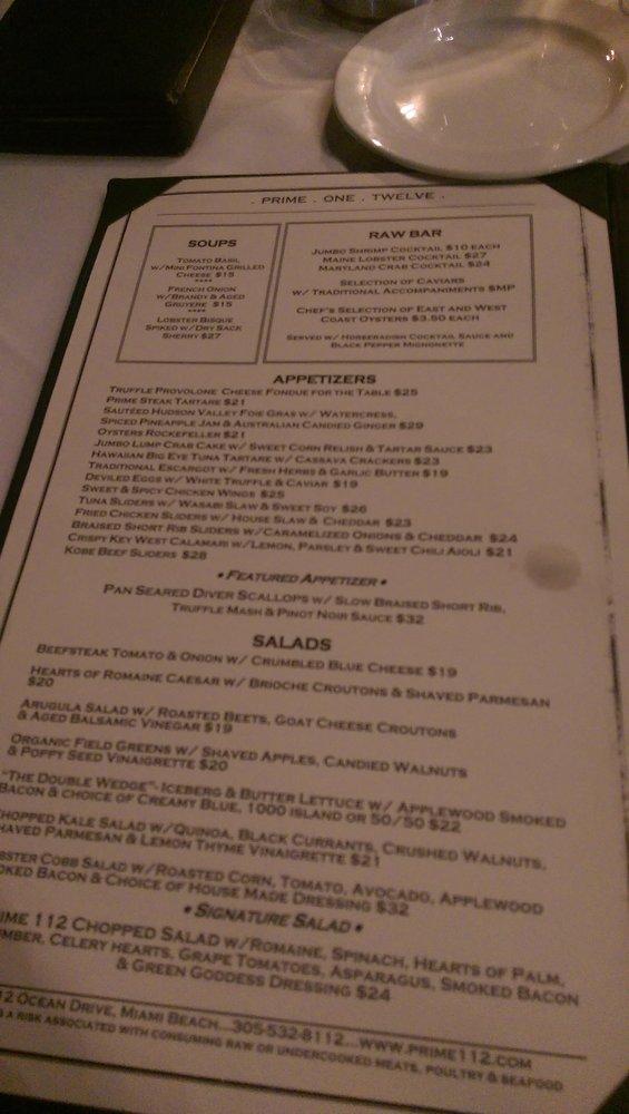 Menu at Prime 112 Restaurant, Miami Beach