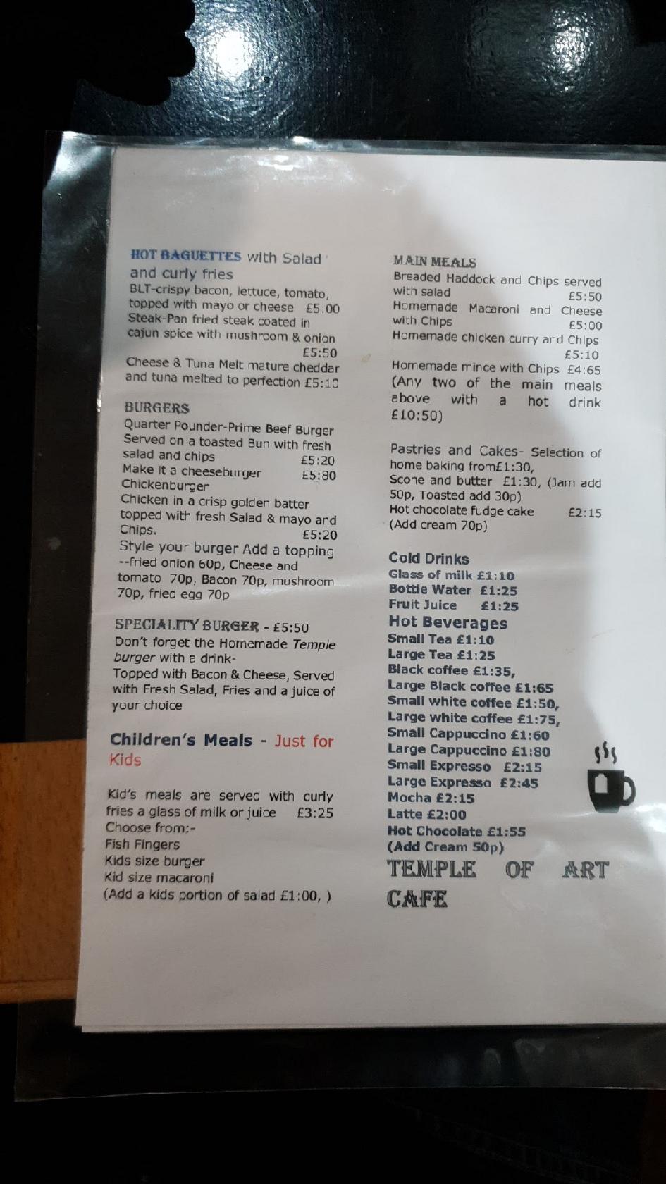 Menu at The Temple Of Art cafe, Irvine