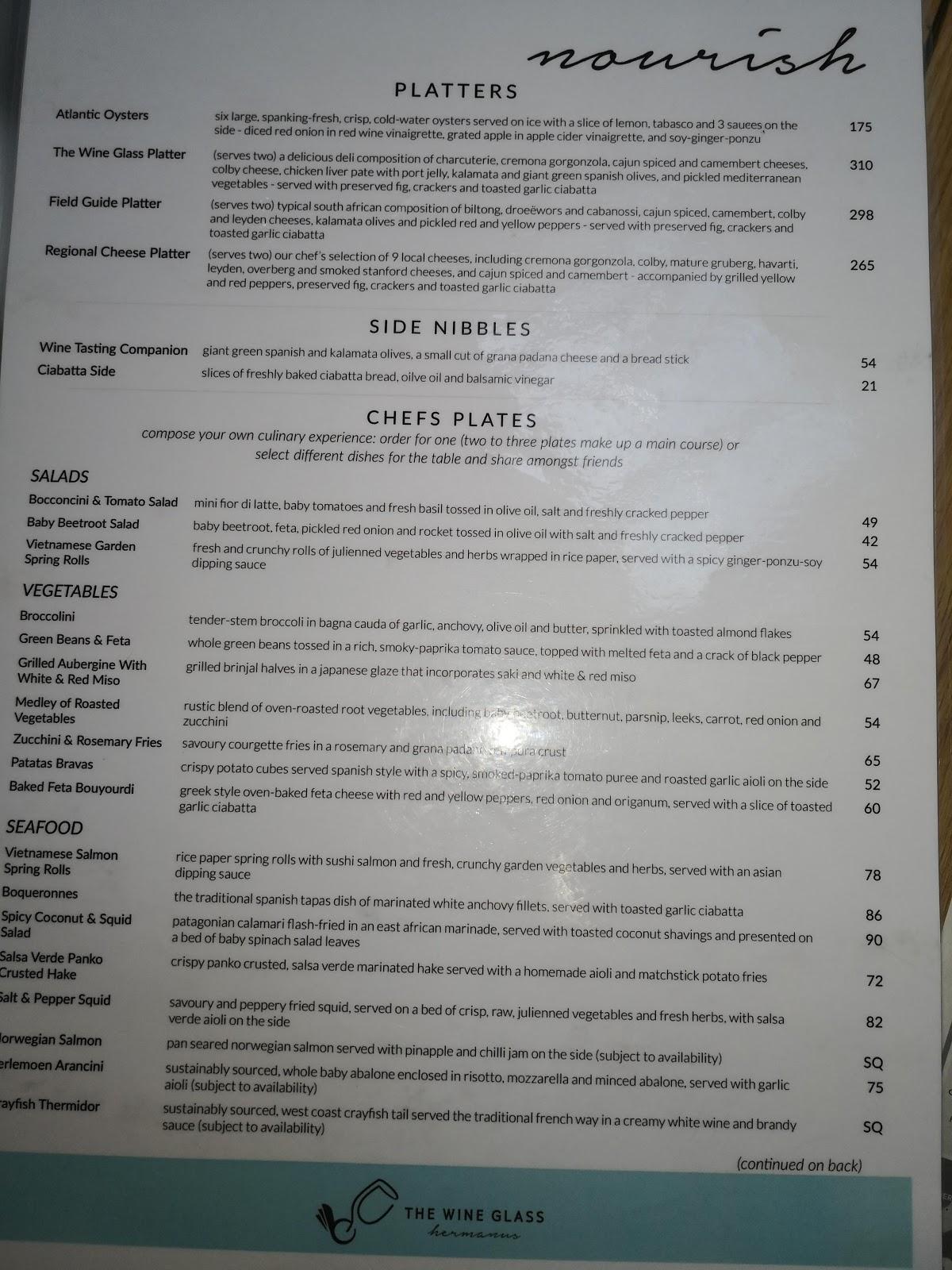 Menu at The Wine Glass Hermanus restaurant, Hermanus