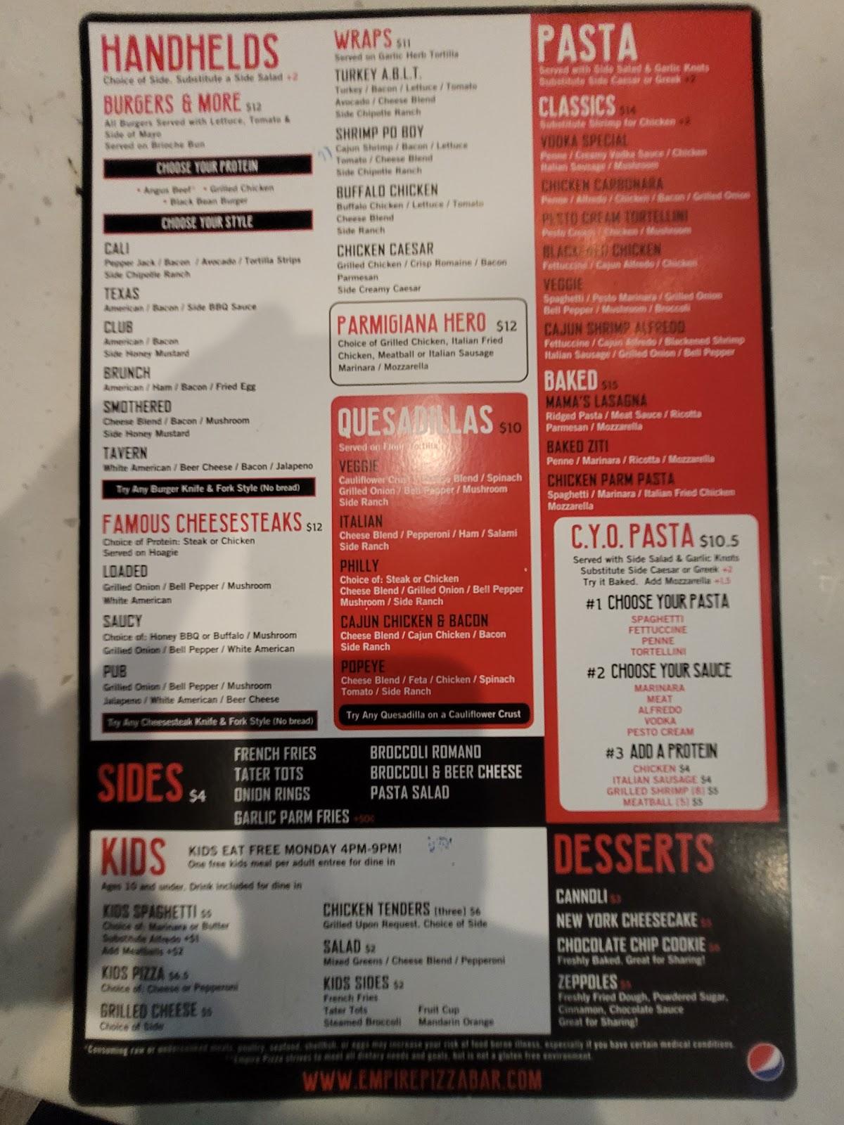 Menu at Empire Pizza Mint Hill pub & bar, Mint Hill