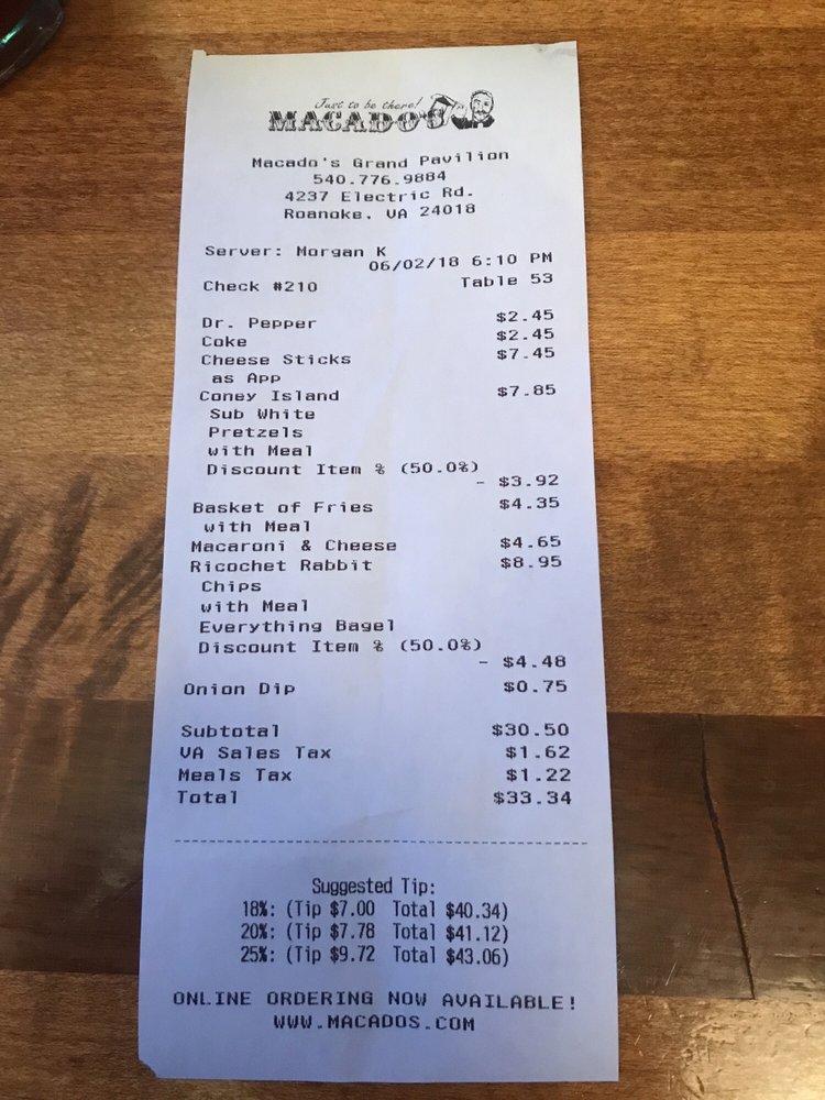 Menu at Macado's pub & bar, Roanoke, Electric Rd